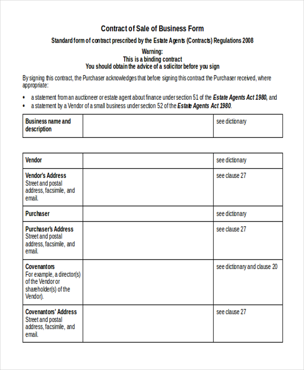 contract sale of business form