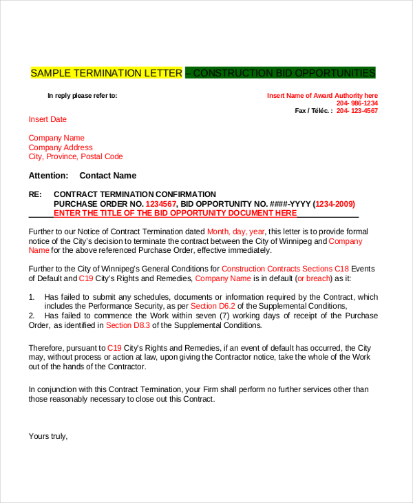 tut immediate form contract Sample FREE  Termination 9 Letter