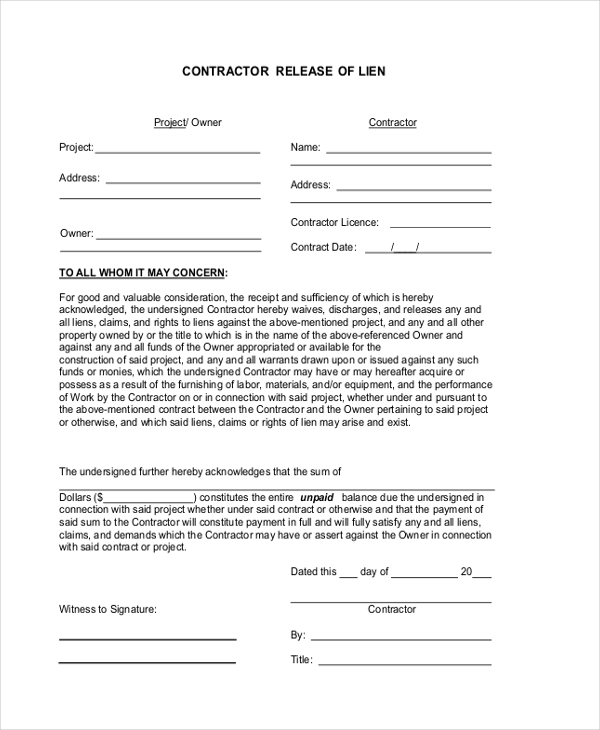 contractor lien release form