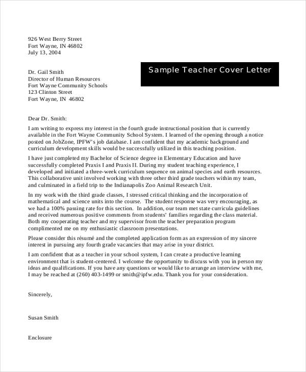 cover letter example for teacher