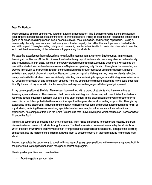 cover letter example for teachers