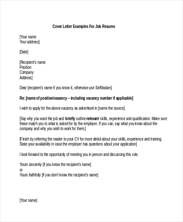 examples of cover letters for job interviews