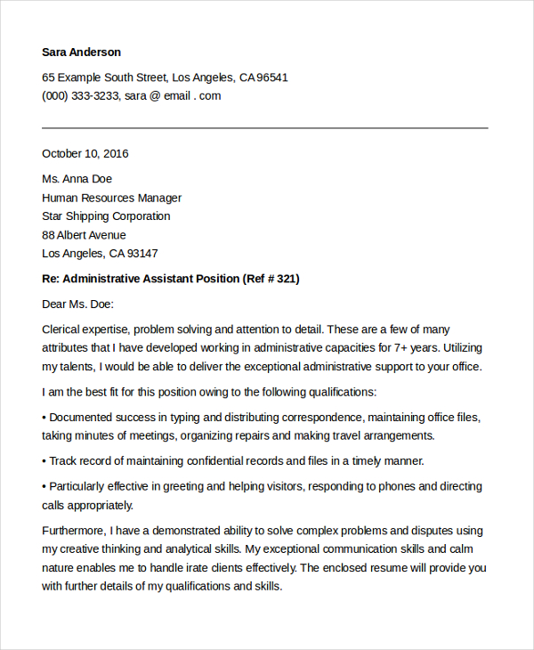 FREE 12+ Cover Letter For Administrative Assistant Samples, PDF, MS ...