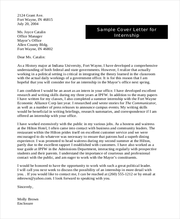 Free 8 Sample Cover Letters For Internship In Pdf Ms Word