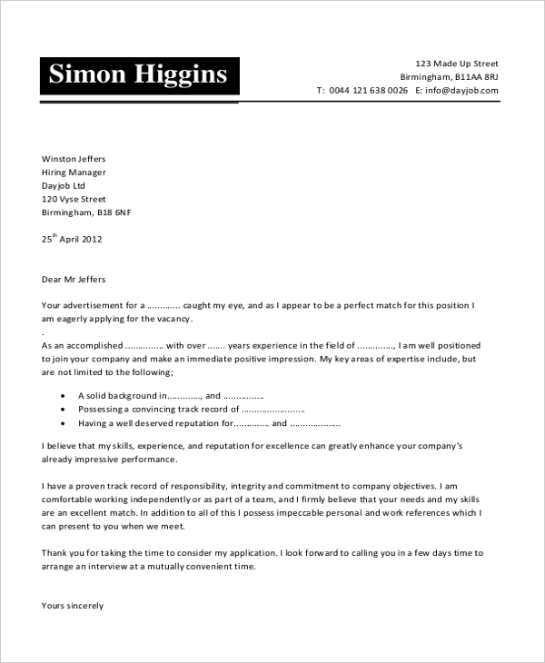 sample cover letter for job application online