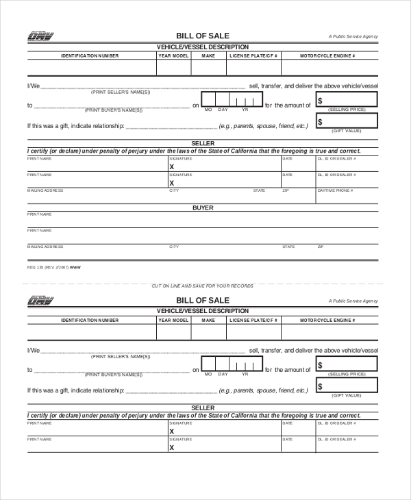 dmv auto bill of sale form