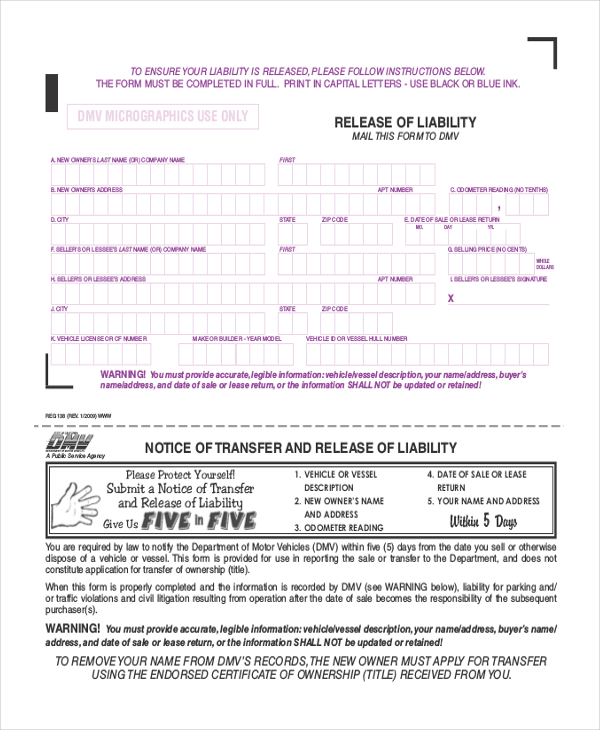 Dmv Release Of Liability Printable Form