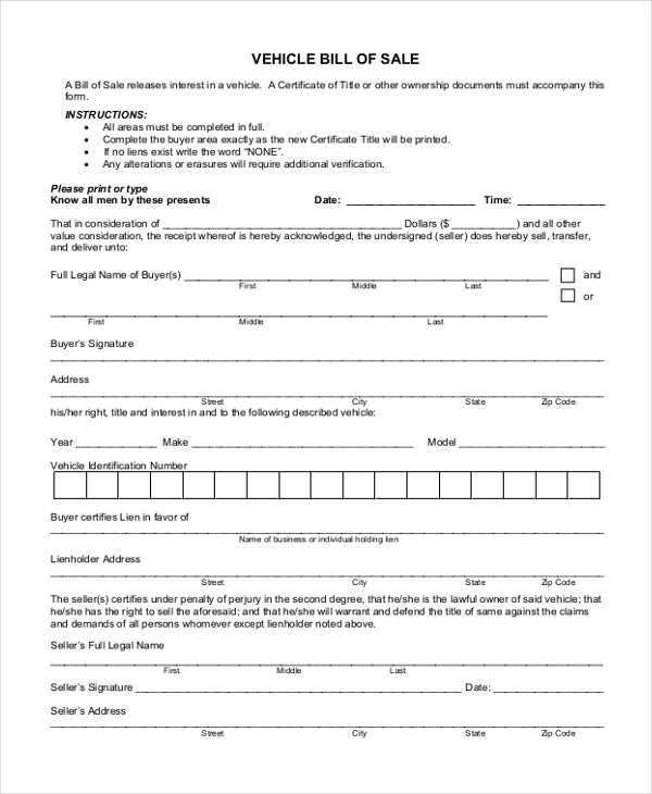 Printable Vehicle Bill Of Sale Form Dmv