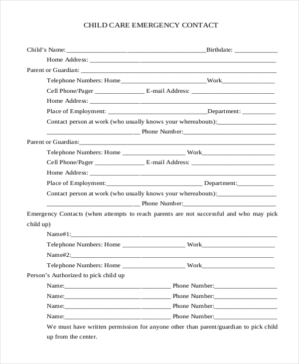 daycare emergency contact form