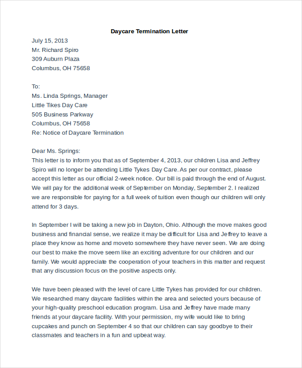 daycare termination letter