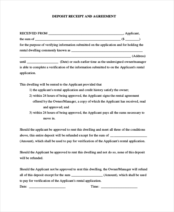 deposit receipt and agreement form