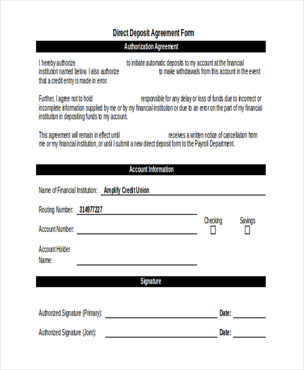 direct deposit agreement form