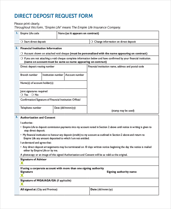 direct deposit request form