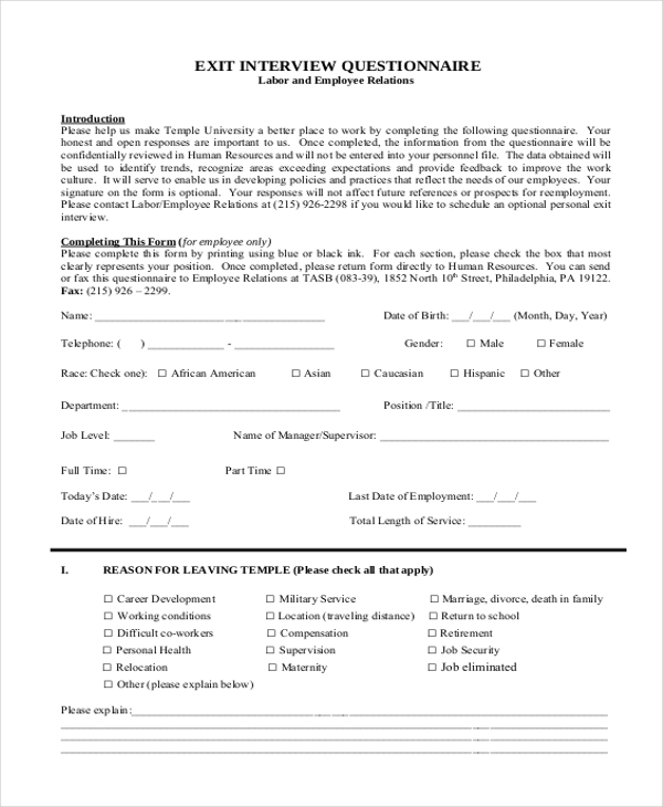 FREE 13  Exit Interview Form Samples PDF MS Word Google Docs