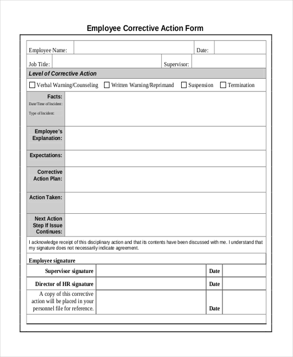 Employee Corrective Action Form Printable