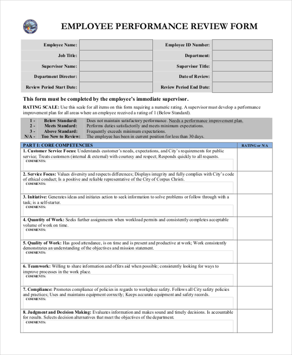 FREE 10+ Sample Employee Performance Review Forms in MS Word PDF