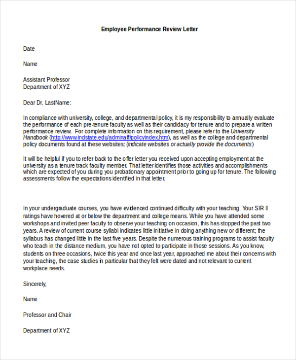 employee performance review letter