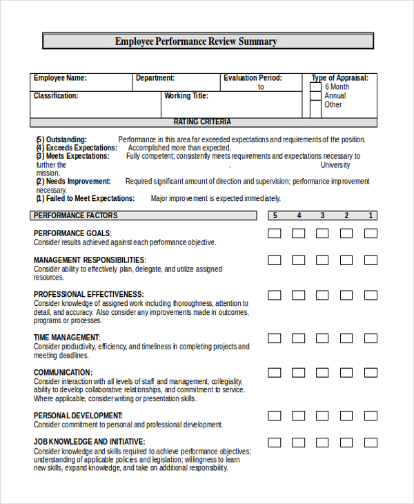 Free Employee Performance Evaluation Template