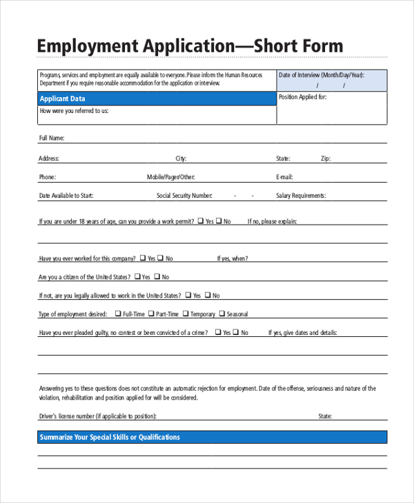 employment application—short form