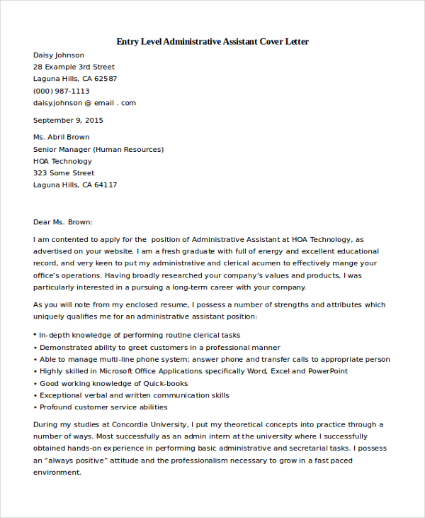 Sample Administrative Cover Letter from images.sampleforms.com