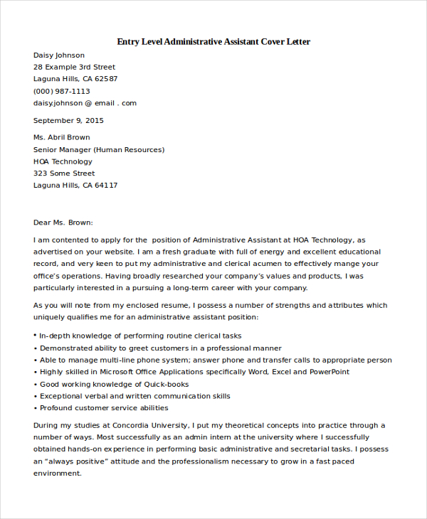 entry level administrative assistant cover letter examples