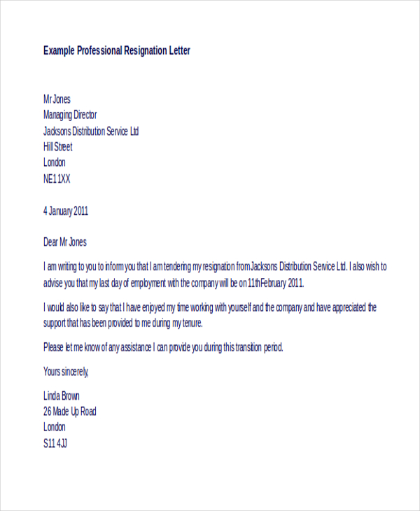 example professional resignation letter