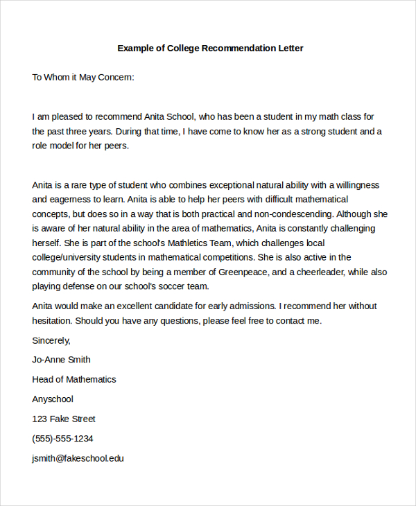 FREE 10+ College Recommendation Letter Samples, PDF, MS Word, Google Docs