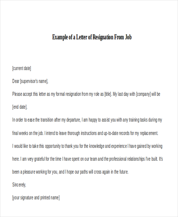 example of a letter of resignation from job1