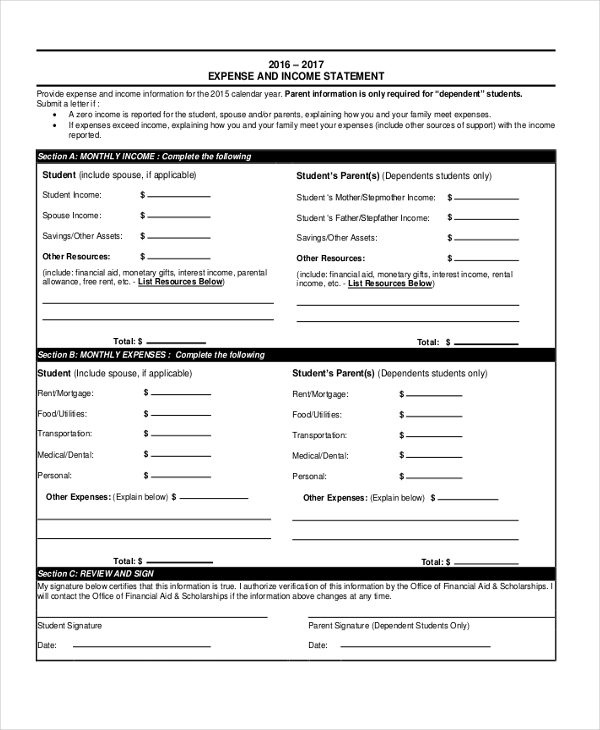 expense and income statement