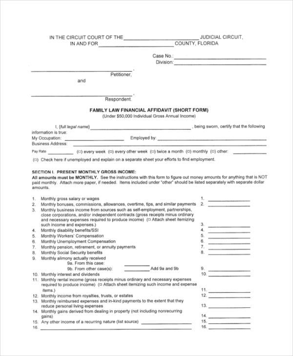 financial affidavit short form