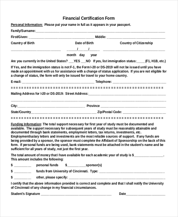 financial certification form