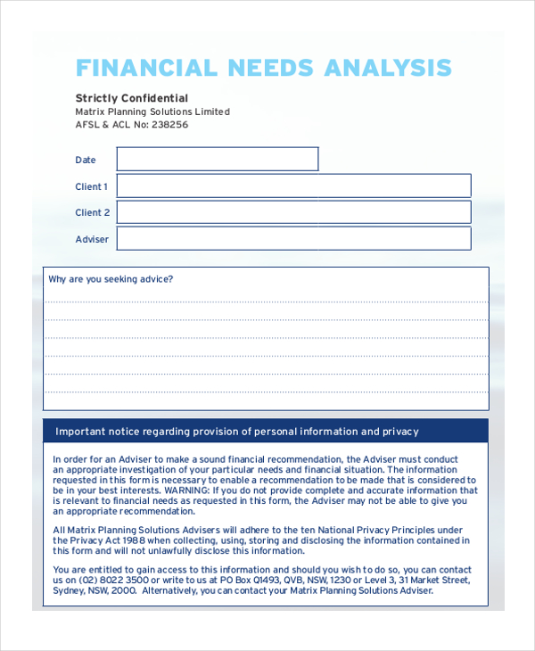 financial needs analysis form