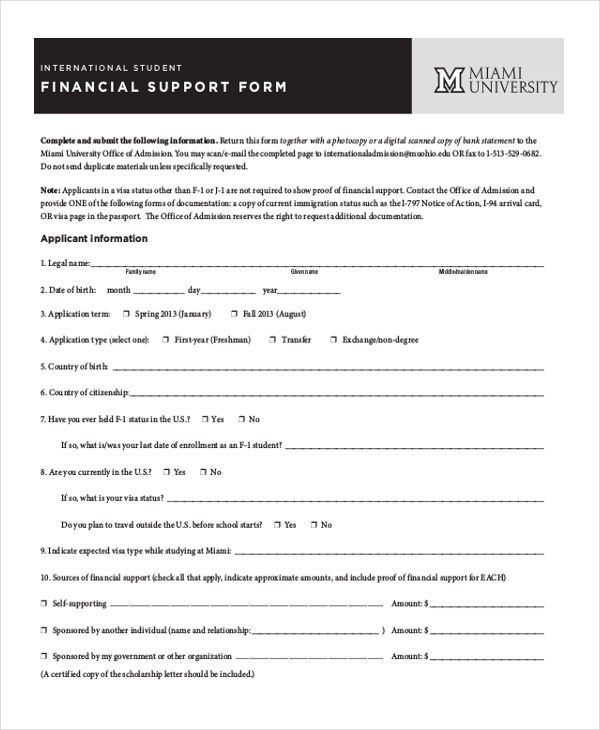 financial support form