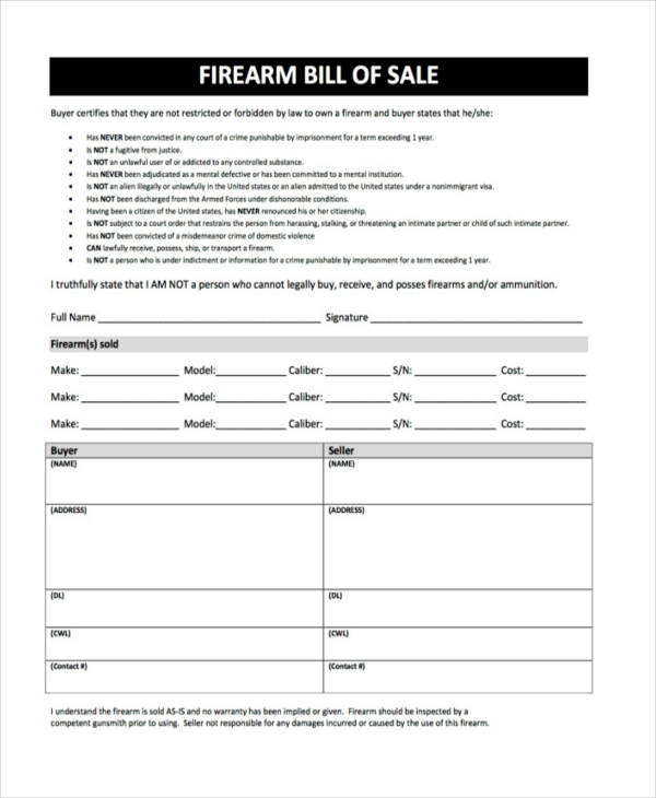 firearm bill of sale form