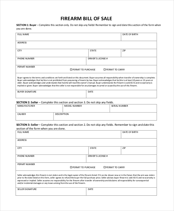 FREE 8+ Sample Firearm Bill of Sale Forms in PDF