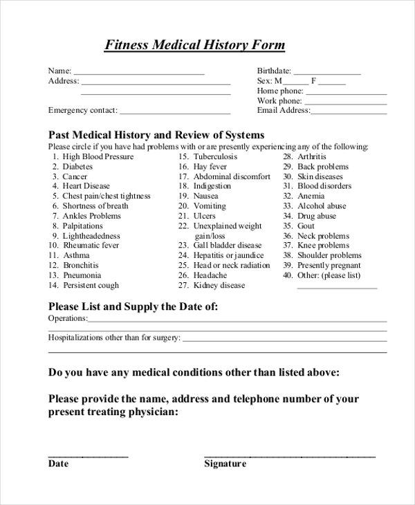 fitness medical history form