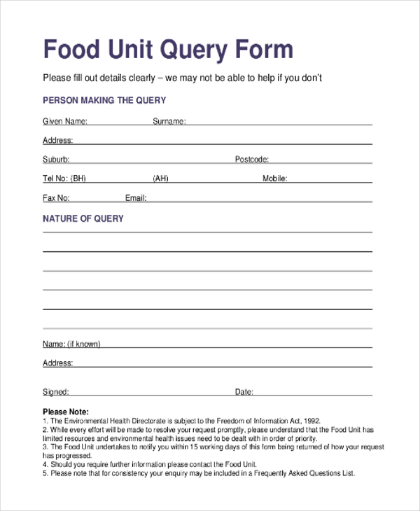 food unit query form