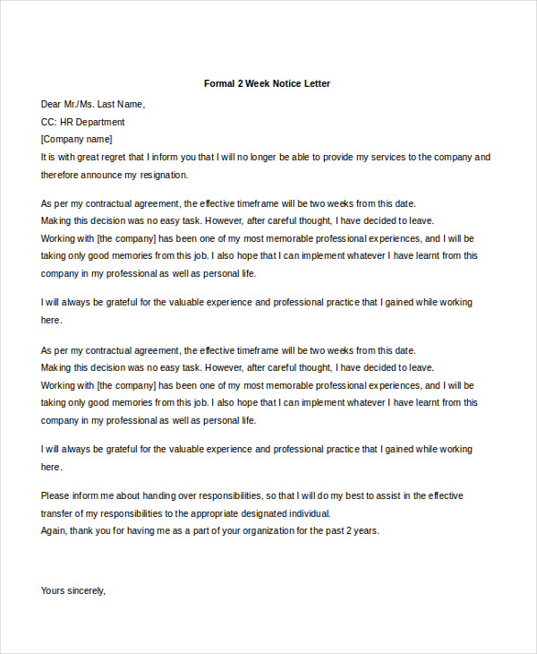 2 Weeks Notice Letter Format from images.sampleforms.com