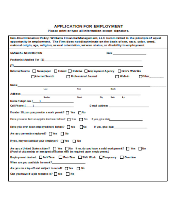 formal employment application form