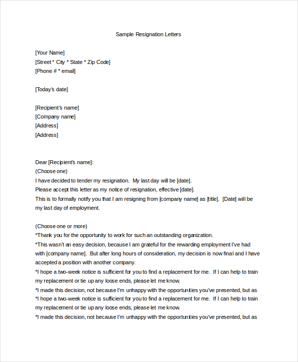 formal resignation letter