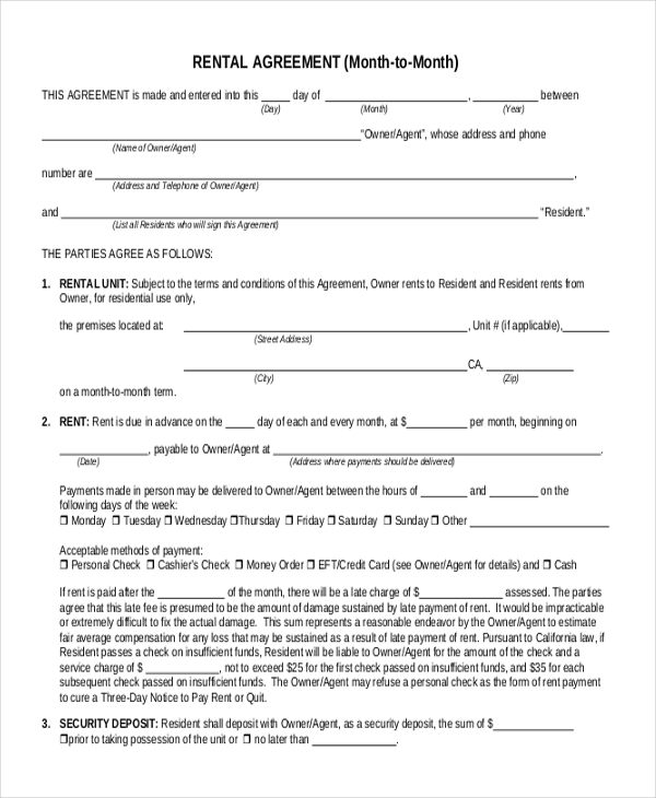 free month to month rental agreement form