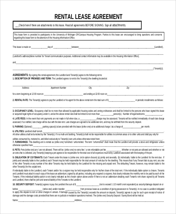 free rental lease agreement form