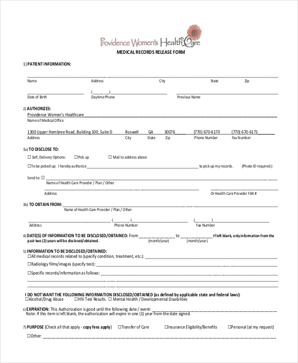 FREE 10 Sample Medical Records Release Forms