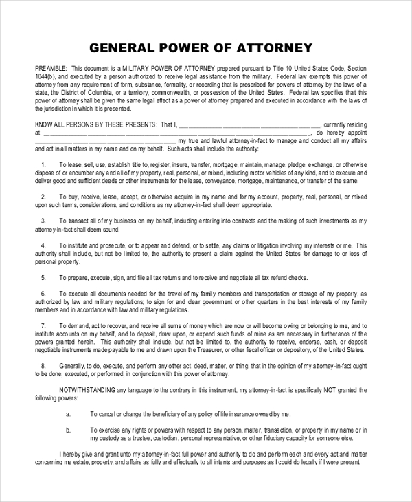 Free 11 Sample General Power Of Attorney Forms In Pdf Ms Word 8316