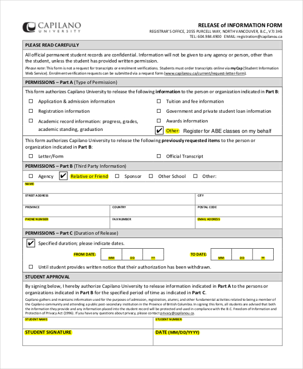 general release of information form template