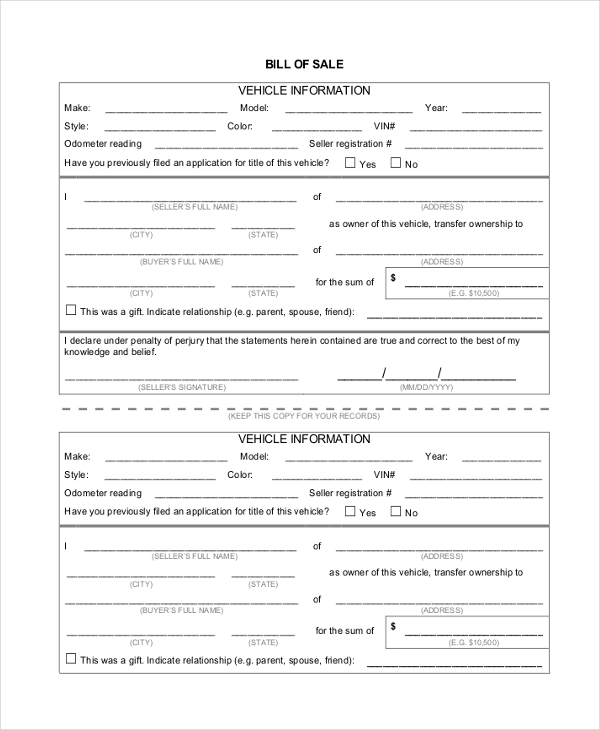 FREE 9+ Sample Auto Bill of Sale Forms in PDF | MS Word