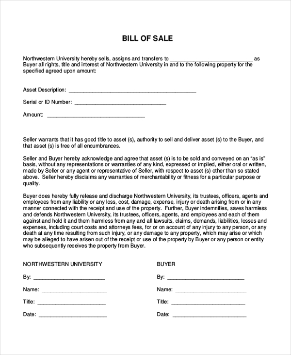 general bill of sale template free printable