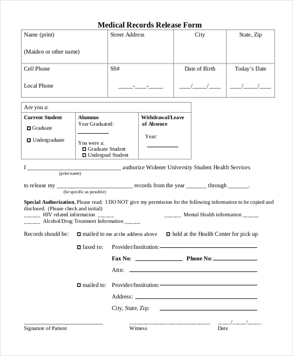 FREE 10 Sample Medical Records Release Forms