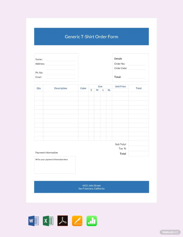 generic t shirt order form templates