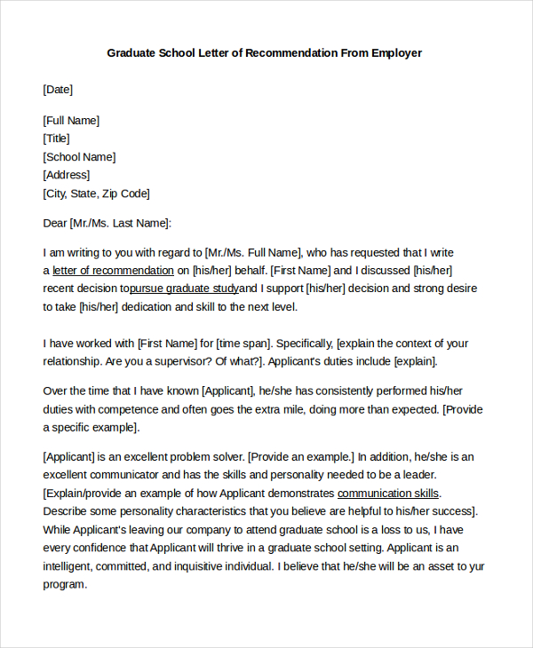 sample letter of recommendation for graduate school from employer pdf